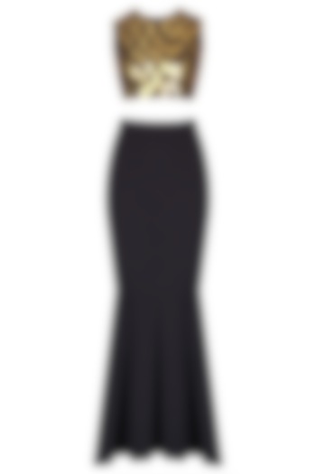 Black Chip Embroidered Crop Top with Fishtail Skirt by Nikhil Thampi