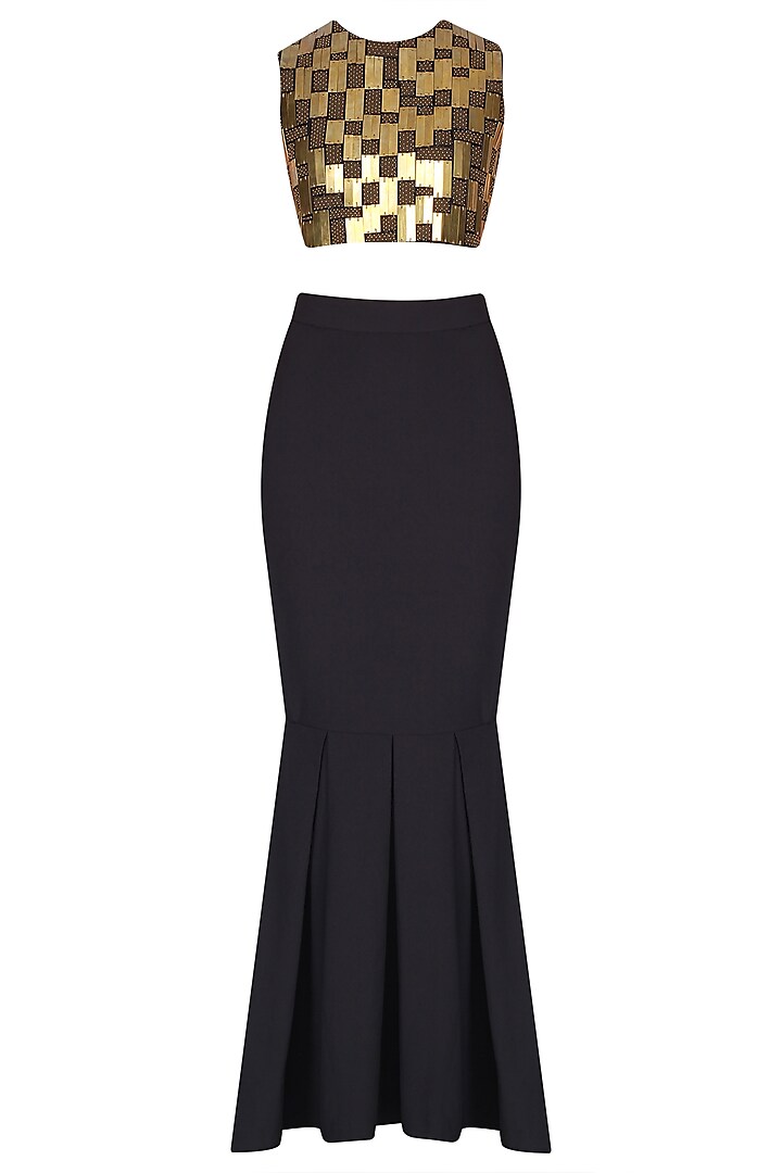 Black Chip Embroidered Crop Top with Fishtail Skirt by Nikhil Thampi