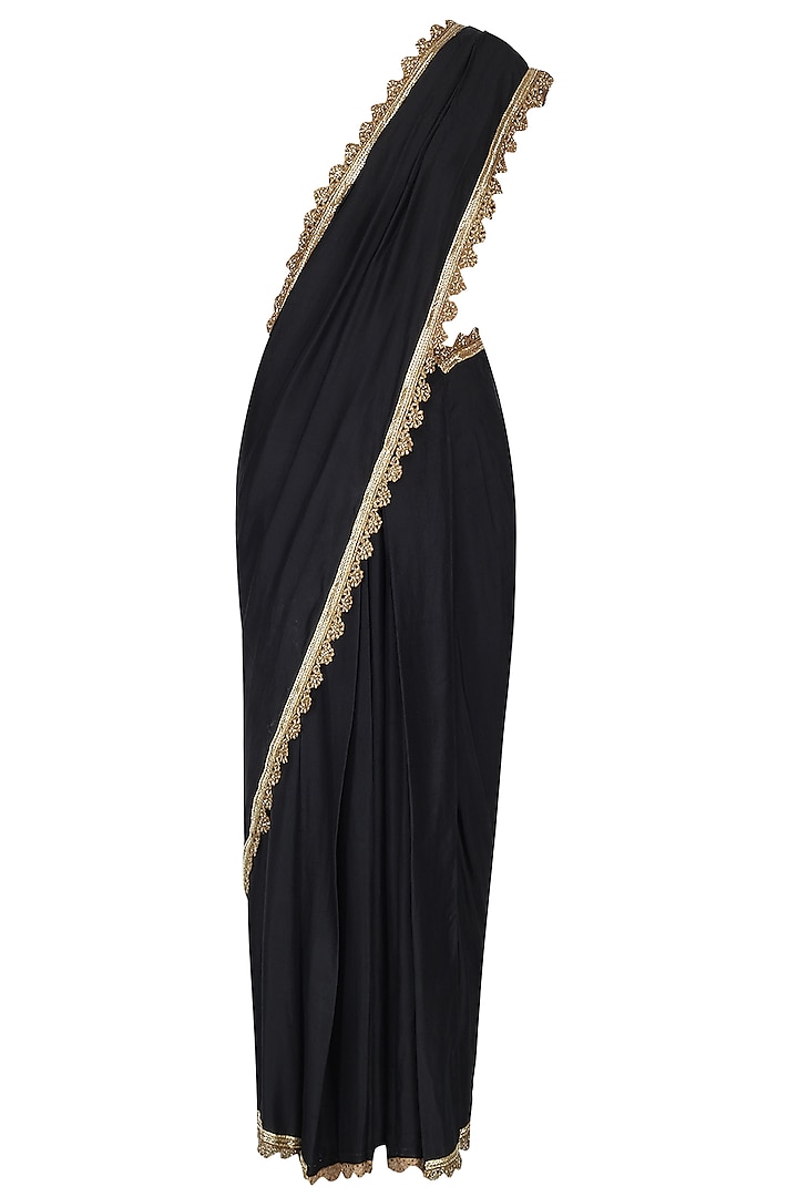 Black Draped Sari with Embroidered Blouse by Nikhil Thampi
