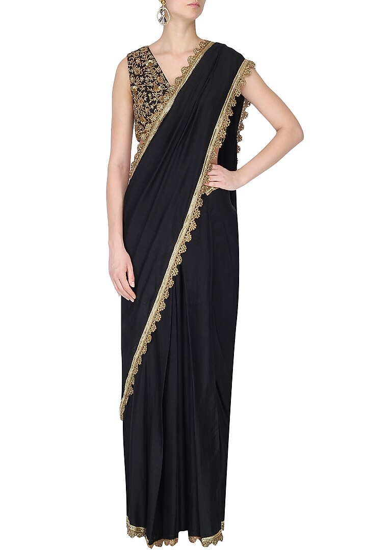 Black Draped Sari with Embroidered Blouse available only at Pernia's Pop Up Shop.