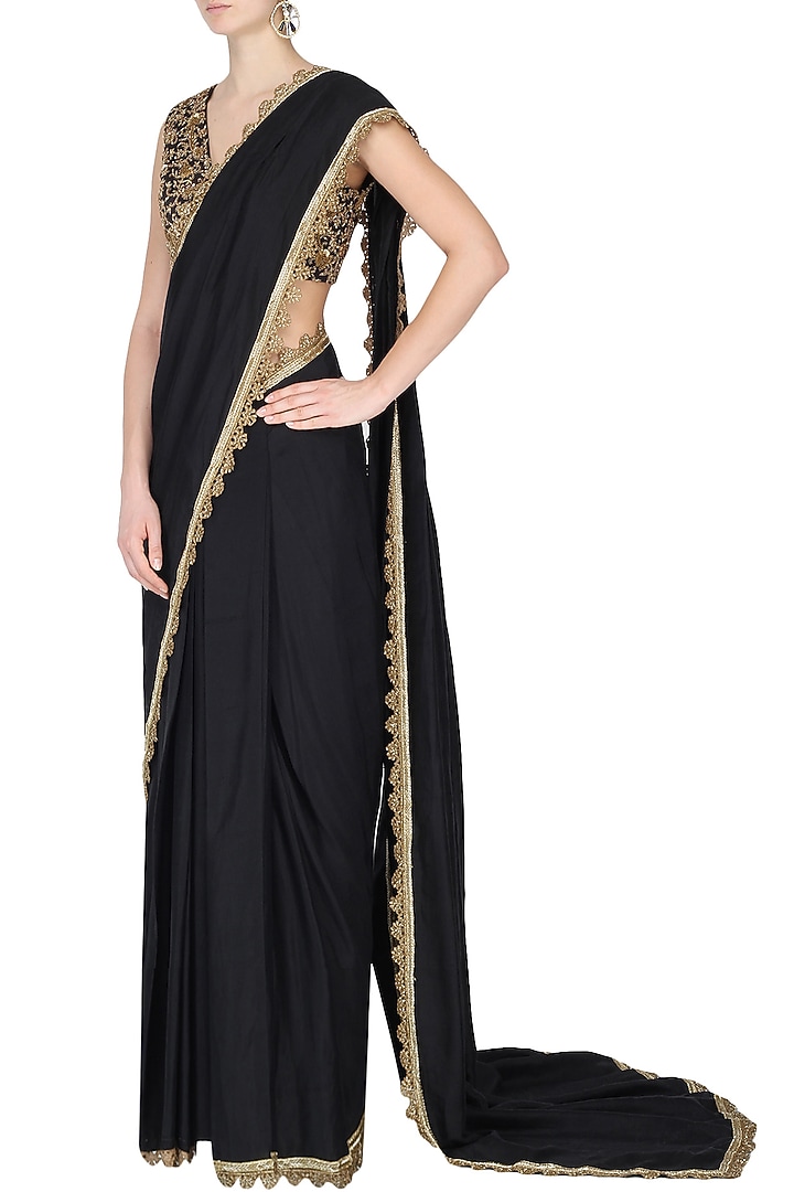 Black Draped Sari with Embroidered Blouse available only at Pernia's Pop Up Shop.
