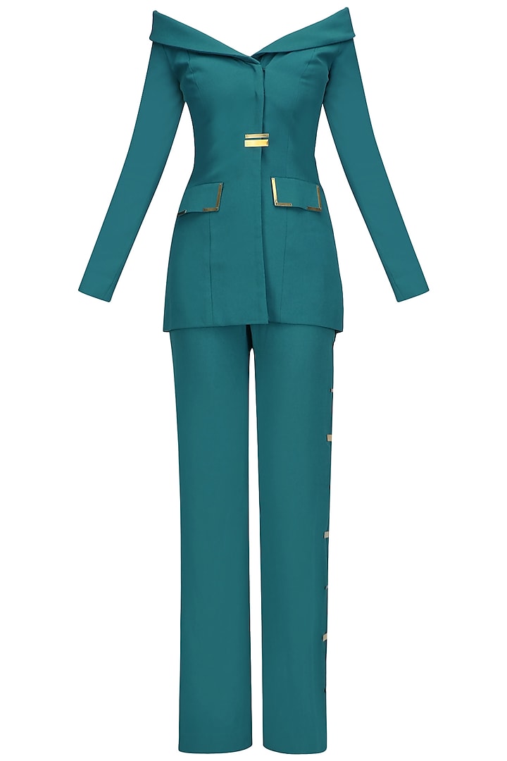 Teal Green Metal Chips Detail off Shoulder Blazer and Pants Set by Nikhil Thampi