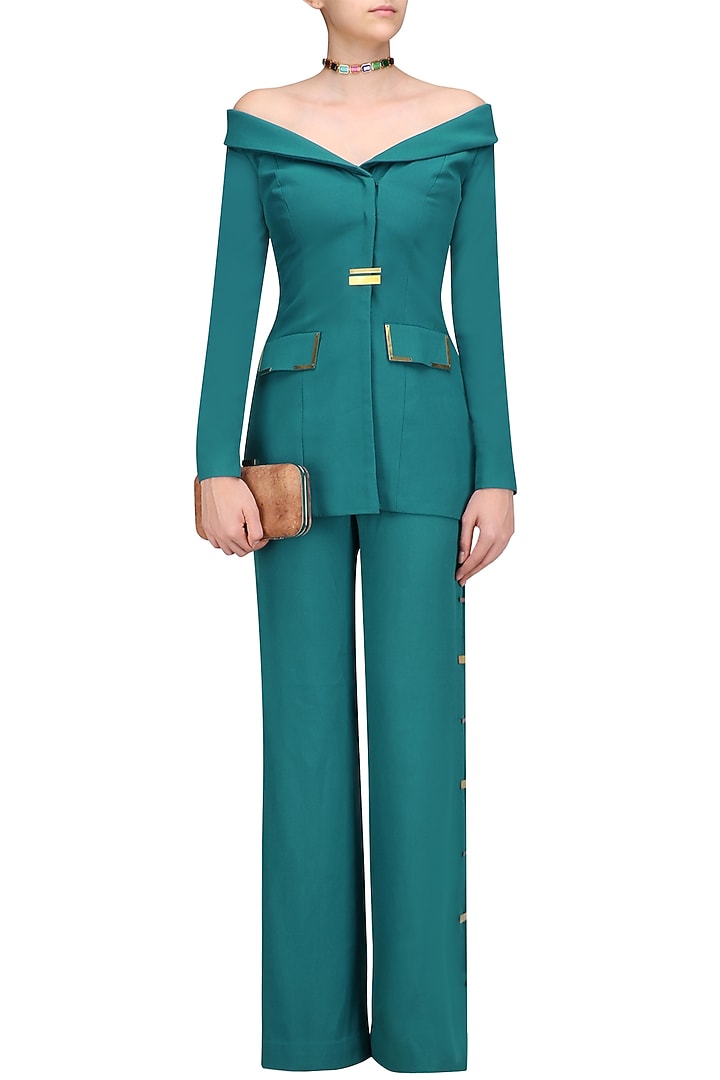 Teal green metal chips detail off shoulder blazer and pants set available only at Pernia's Pop Up Shop
