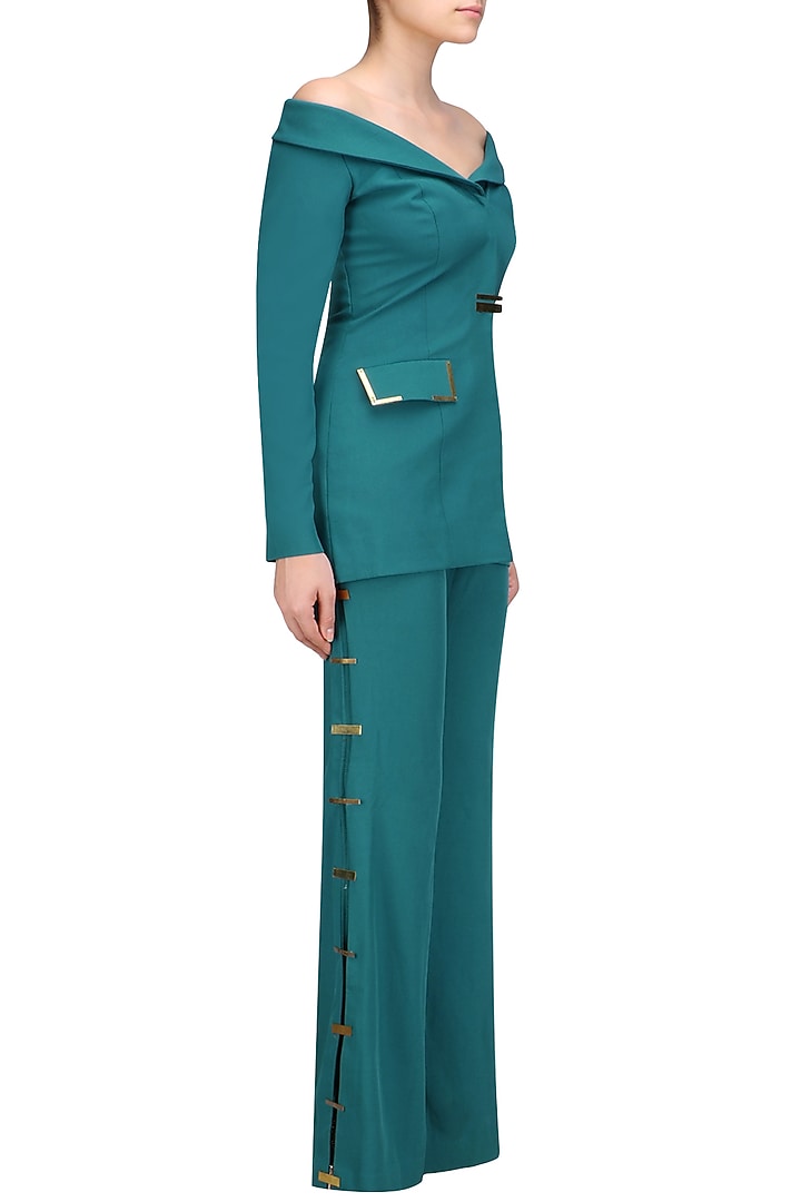 Teal green metal chips detail off shoulder blazer and pants set available only at Pernia's Pop Up Shop