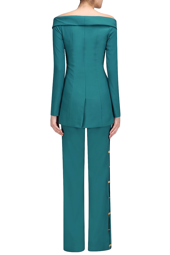 Teal green metal chips detail off shoulder blazer and pants set available only at Pernia's Pop Up Shop