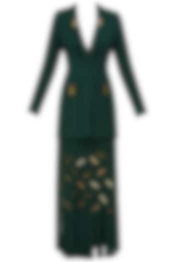 Bottle Green Metal Chips Detail Full Sleeves Blazer and Skirt Set by Nikhil Thampi