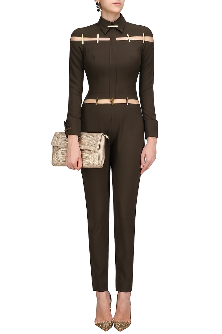 Olive and gold metal chips detail jumpsuit available only at Pernia's Pop Up Shop