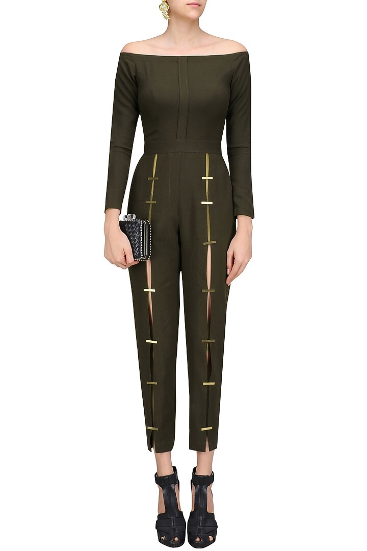 Olive metal chips detail fitted jumpsuit available only at Pernia's Pop Up Shop