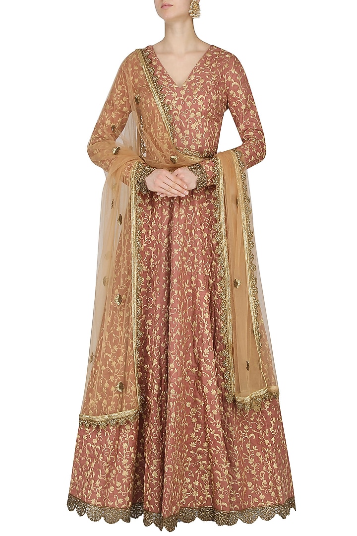 Onion Pink Fully Embroidered V neck Anarkali set available only at Pernia's Pop Up Shop.