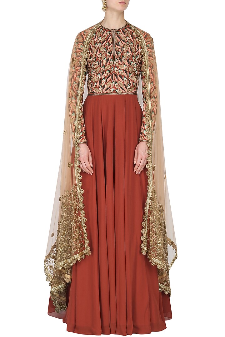 Rust Leaf Embroidered Anarkali set available only at Pernia's Pop Up Shop.