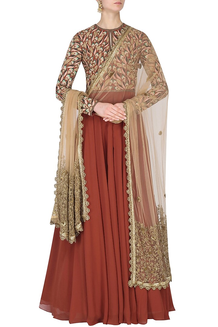Rust Leaf Embroidered Anarkali set available only at Pernia's Pop Up Shop.