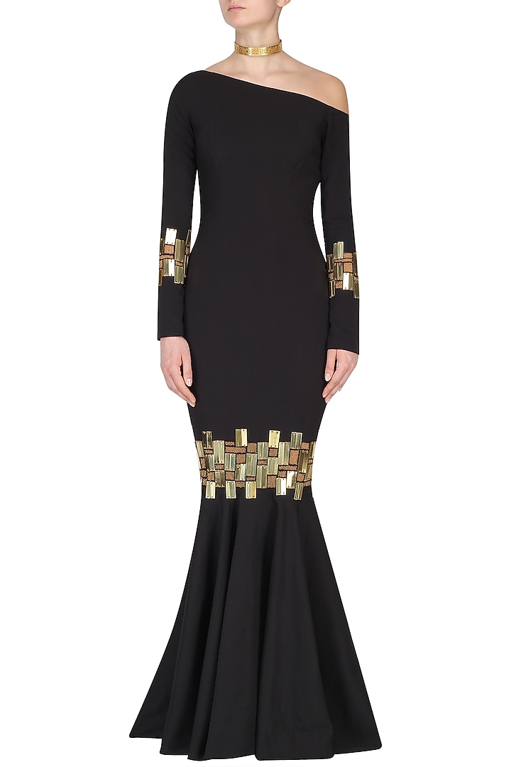 Black Chip Embroidered Drop Shoulder Gown available only at Pernia's Pop Up Shop.