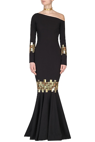 Black Chip Embroidered Drop Shoulder Gown by Nikhil Thampi