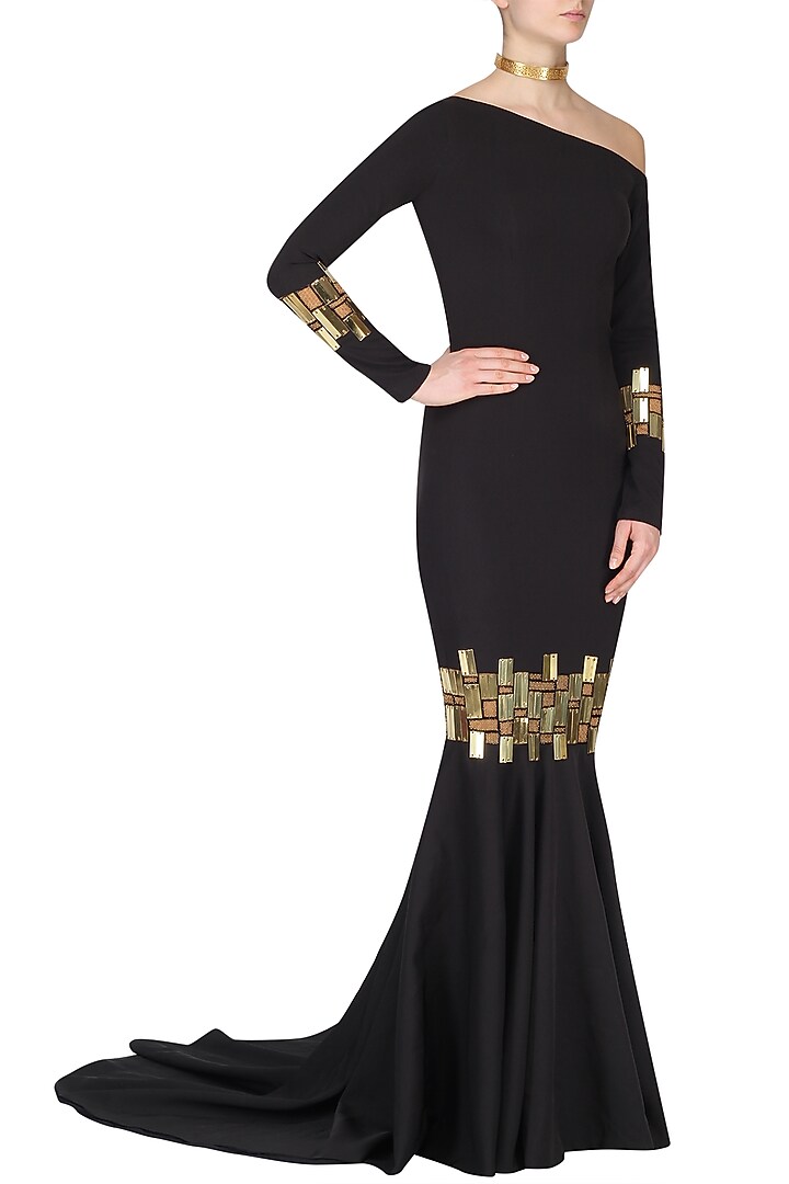 Black Chip Embroidered Drop Shoulder Gown available only at Pernia's Pop Up Shop.