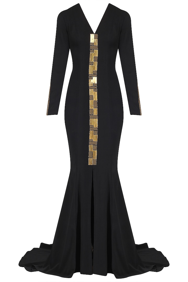 Black Chip Embroidery Fish Tail Gown by Nikhil Thampi