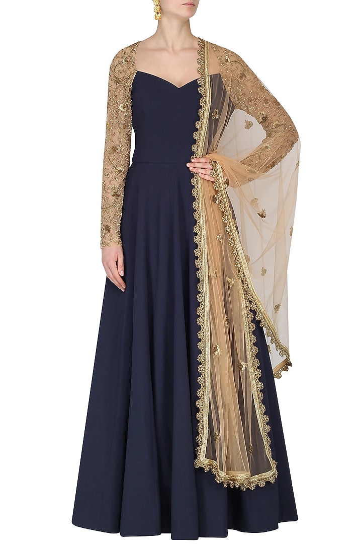 Navy Embroidered Raglan Sleeves Anarkali available only at Pernia's Pop Up Shop.