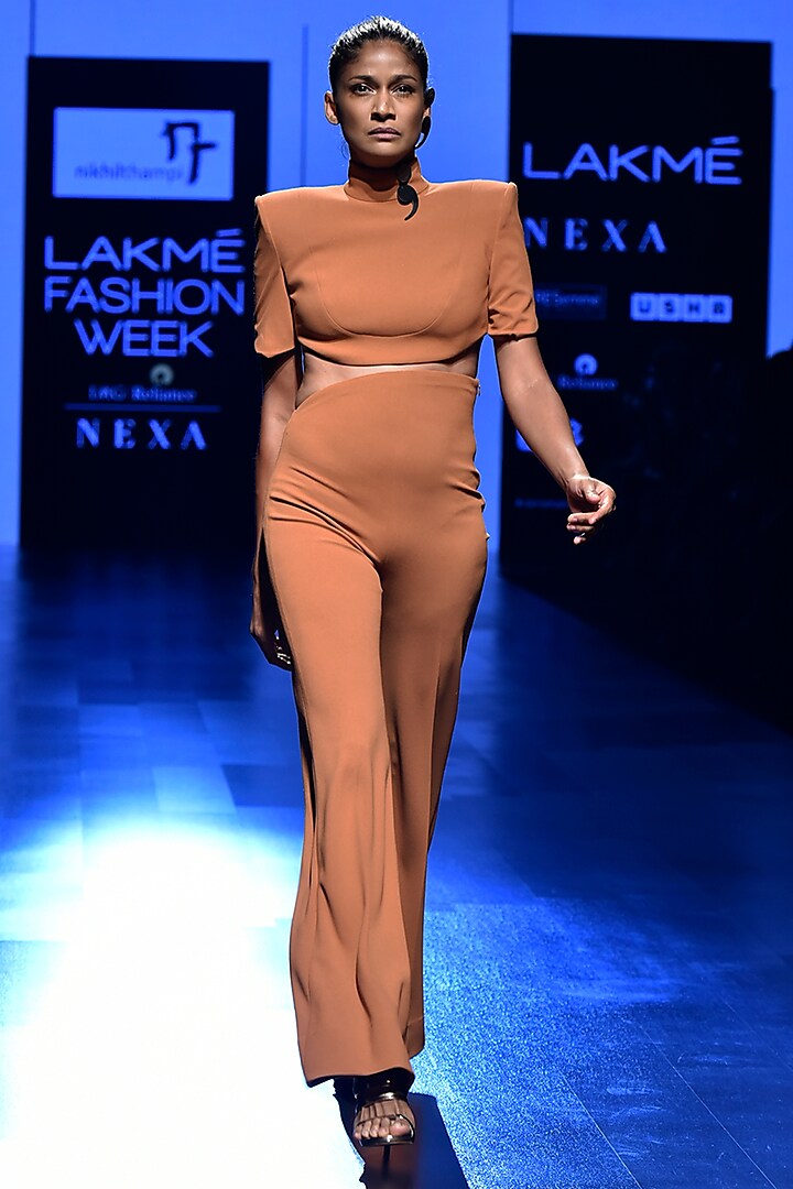 Light Brown Crop Top With Slant Pants by Nikhil Thampi