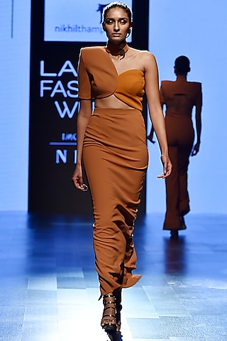 Brown Circular Top With Skirt by Nikhil Thampi