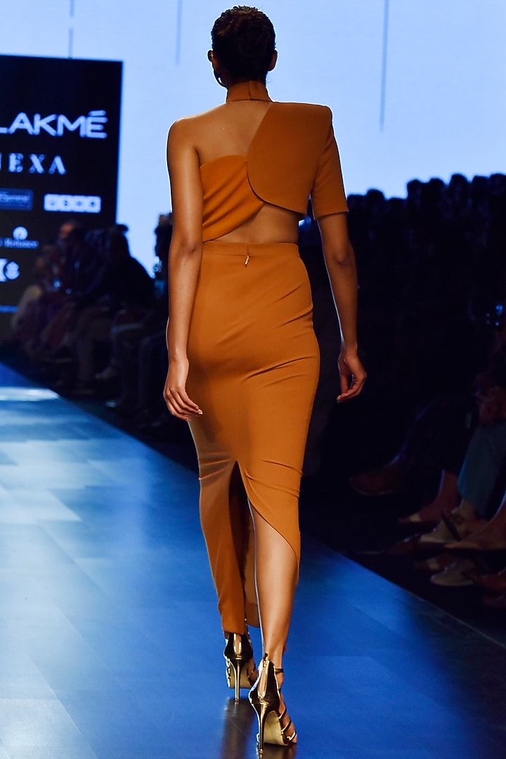 Brown Circular Top With Skirt by Nikhil Thampi at Pernia's Pop Up Shop