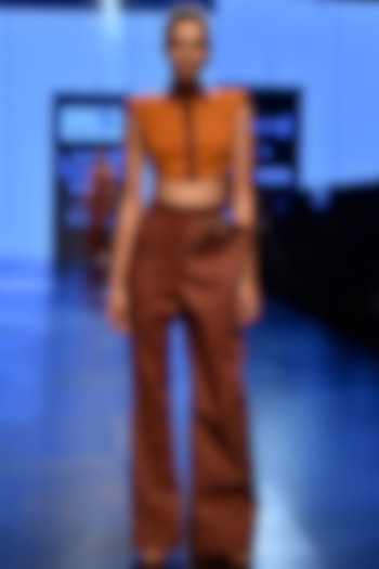Brown Crop Top With Peg Pants by Nikhil Thampi