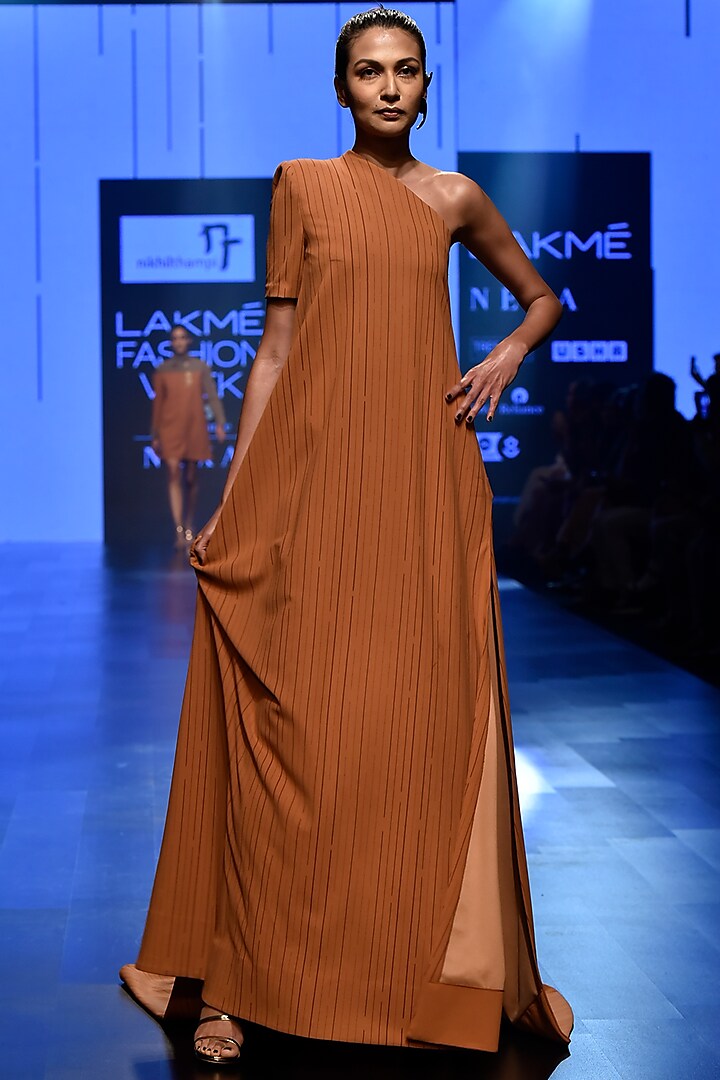 Brown One Shoulder Trapeze Gown by Nikhil Thampi