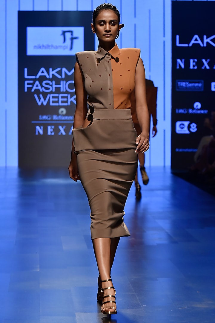 Grey Half & Half Bodysuit With Peg Skirt by Nikhil Thampi