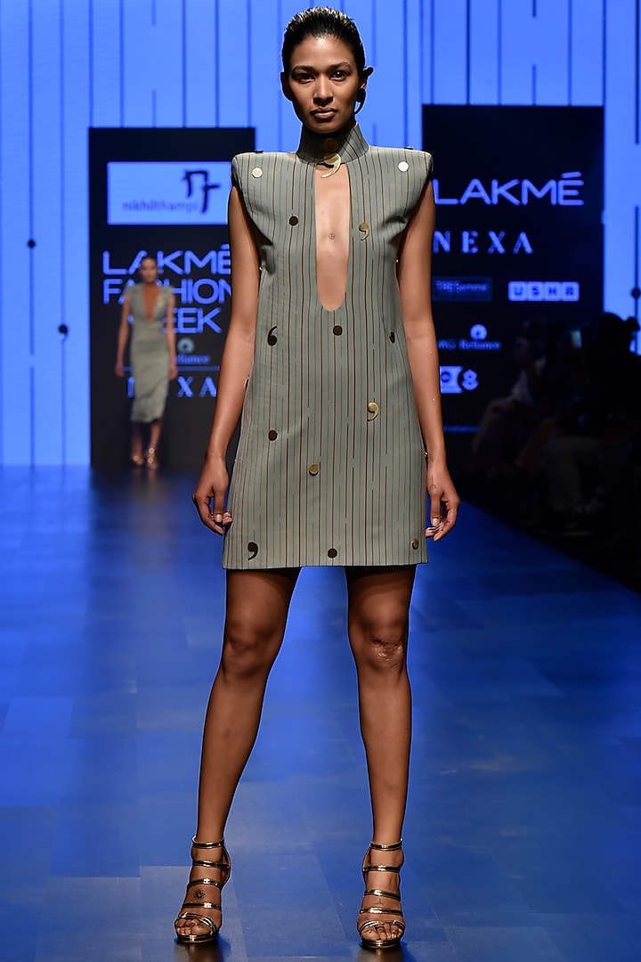 Grey Low Neck Sage Mini Dress by Nikhil Thampi