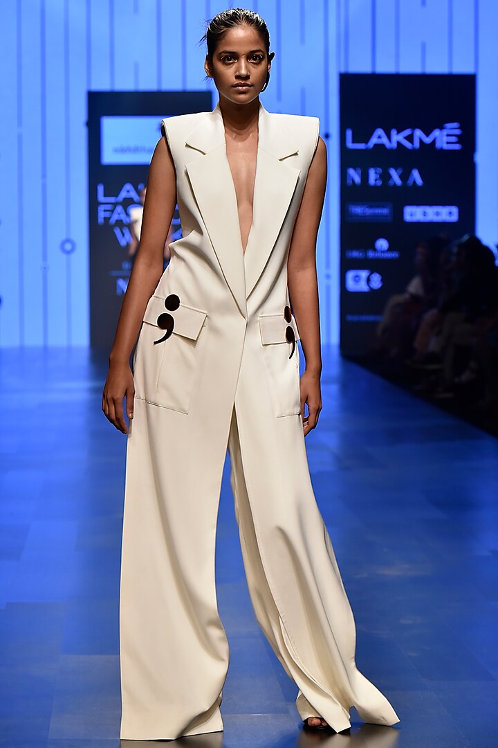 White Back Cut Out Jacket With Pants by Nikhil Thampi