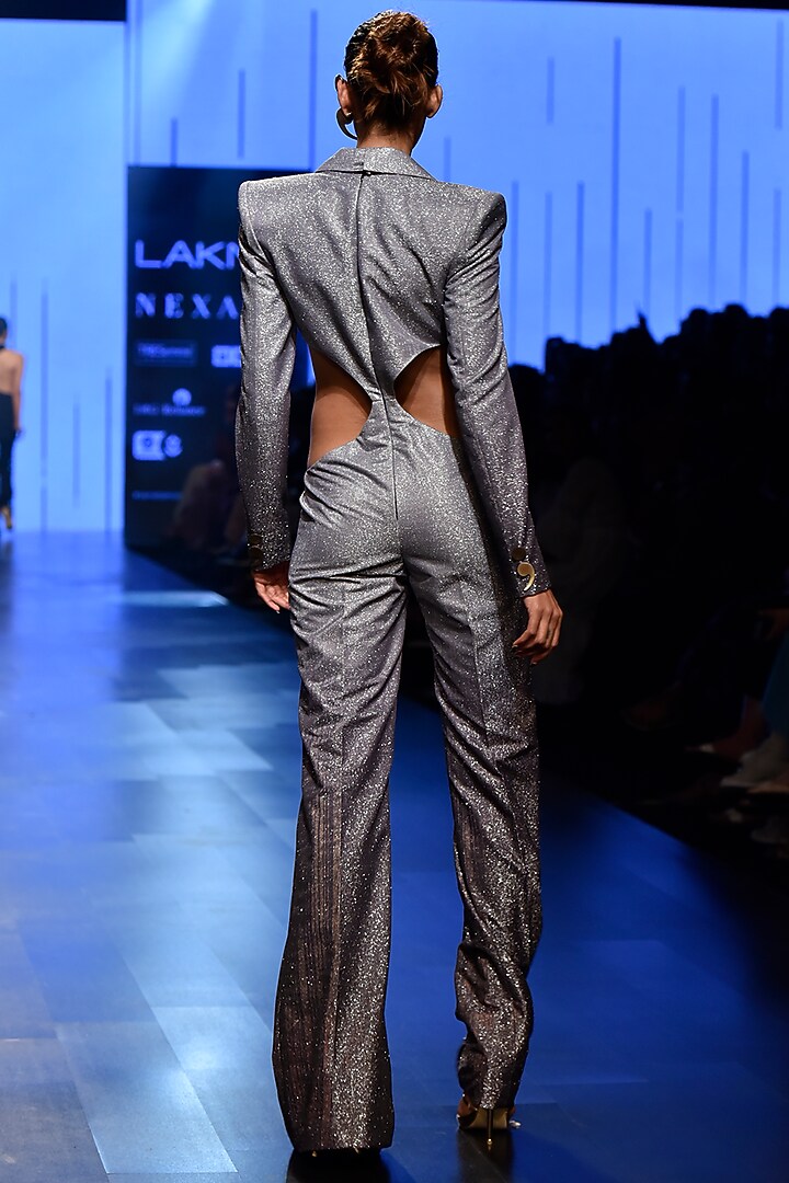 Silver Circular Waist Cut Out Shimmery Jumpsuit by Nikhil Thampi at Pernia's Pop Up Shop