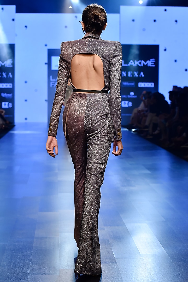 Silver Backless Shimmery Blazer Set by Nikhil Thampi at Pernia's Pop Up Shop