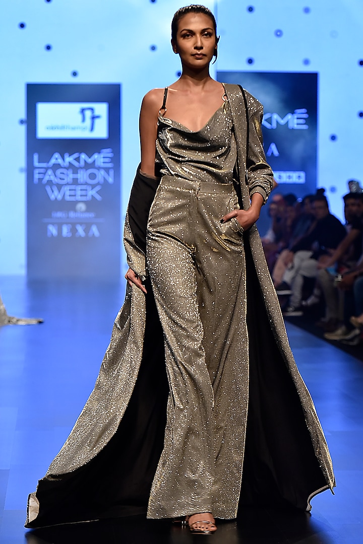Silver Shimmery Draped Crop Top With Pants & Oversized Jacket by Nikhil Thampi