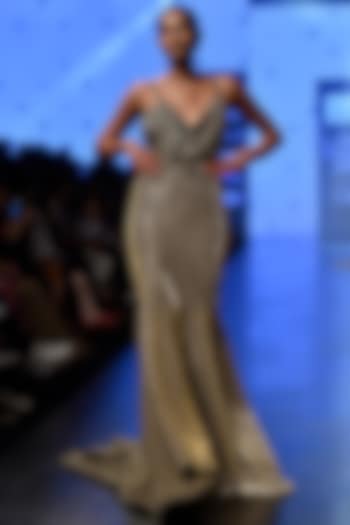 Silver Draped Fishtail Shimmery Gown by Nikhil Thampi