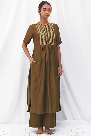 Olive Green Bandhej Kurta Set by The Label Nuska