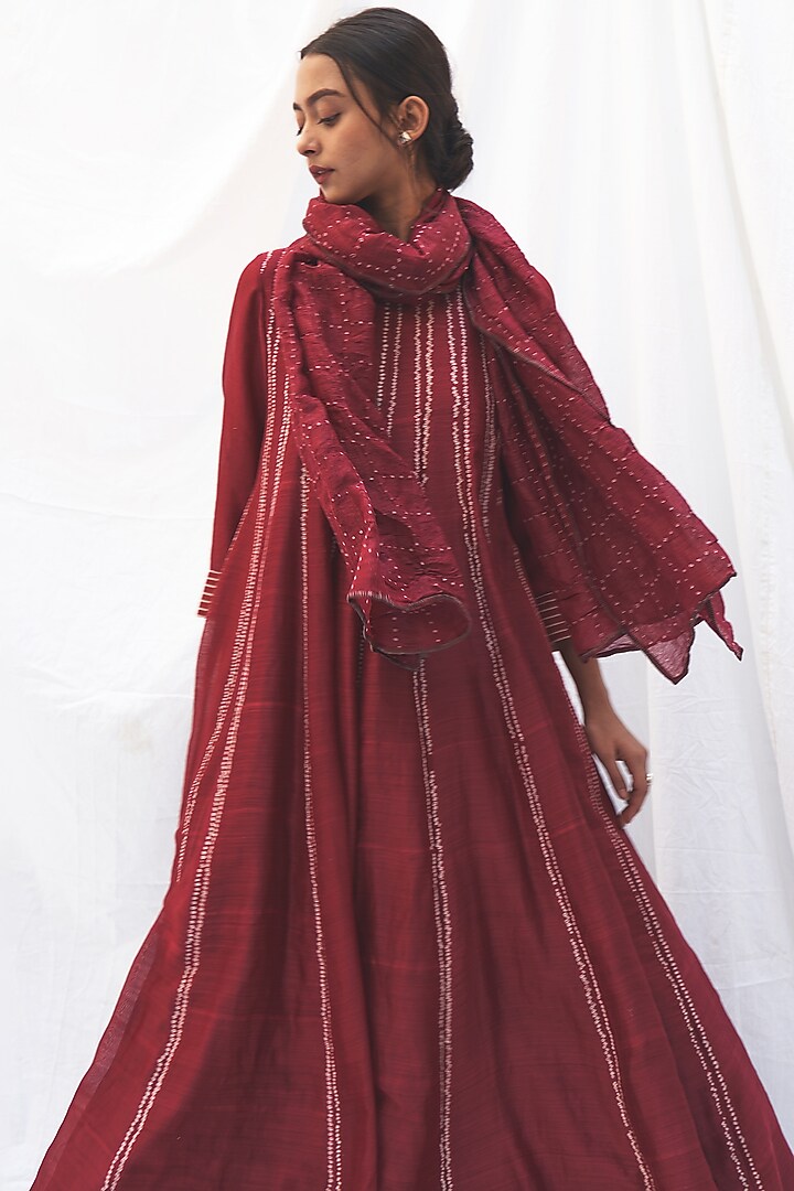 Chilli Red Embroidered Party Wear Anarkali Set by The Label Nuska at Pernia's Pop Up Shop