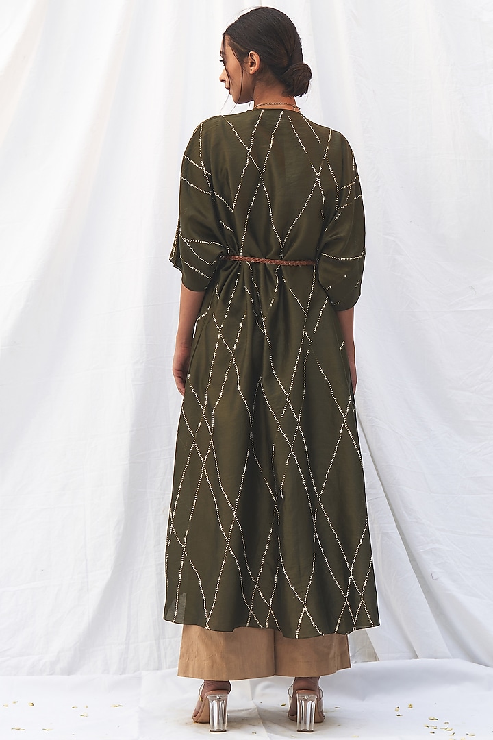 Olive Green Bandhej Kaftan by The Label Nuska at Pernia's Pop Up Shop