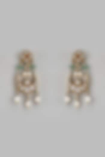Gold Finish Kundan Polki & Rice Pearl Chandbali Earrings In Sterling Silver by Nuvi Jewels at Pernia's Pop Up Shop