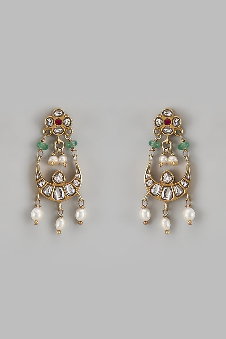 Gold Finish Kundan Polki & Rice Pearl Chandbali Earrings In Sterling Silver by Nuvi Jewels at Pernia's Pop Up Shop