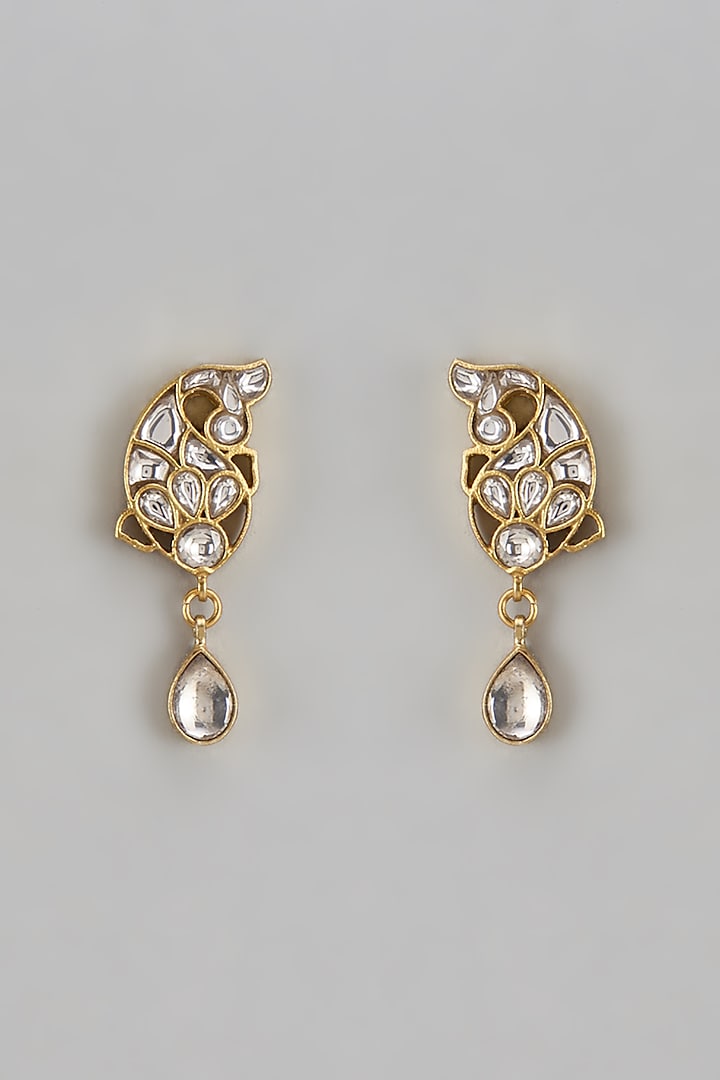 Gold Finish Kundan Polki & Fish Motif Dangler Earrings In Sterling Silver by Nuvi Jewels at Pernia's Pop Up Shop