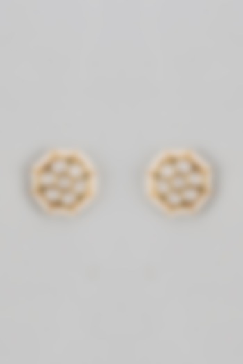 Gold Finish Kundan Polki & Seed Pearl Floral Stud Earrings In Sterling Silver by Nuvi Jewels at Pernia's Pop Up Shop