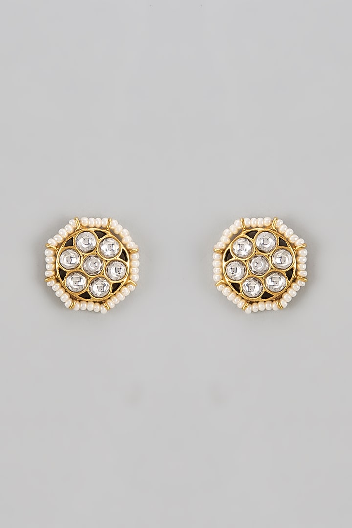 Gold Finish Kundan Polki & Seed Pearl Floral Stud Earrings In Sterling Silver by Nuvi Jewels at Pernia's Pop Up Shop