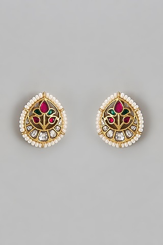Gold Finish Multi-Colored Jadau Stone & Kundan Polki Floral Stud Earrings In Sterling Silver by Nuvi Jewels