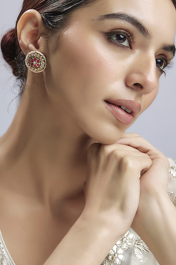 Gold Finish Multi-Colored Jadau Stone & Kundan Polk Florali Stud Earrings In Sterling Silver by Nuvi Jewels at Pernia's Pop Up Shop