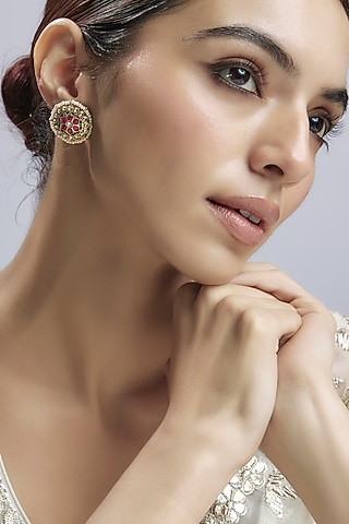 Gold Finish Multi-Colored Jadau Stone & Kundan Polk Florali Stud Earrings In Sterling Silver by Nuvi Jewels