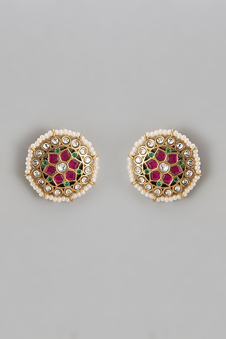 Gold Finish Multi-Colored Jadau Stone & Kundan Polk Florali Stud Earrings In Sterling Silver by Nuvi Jewels at Pernia's Pop Up Shop