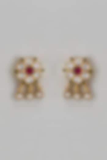 Antique Gold Finish Floral Motif & Kundan Polki Stud Earrings In Sterling Silver by Nuvi Jewels