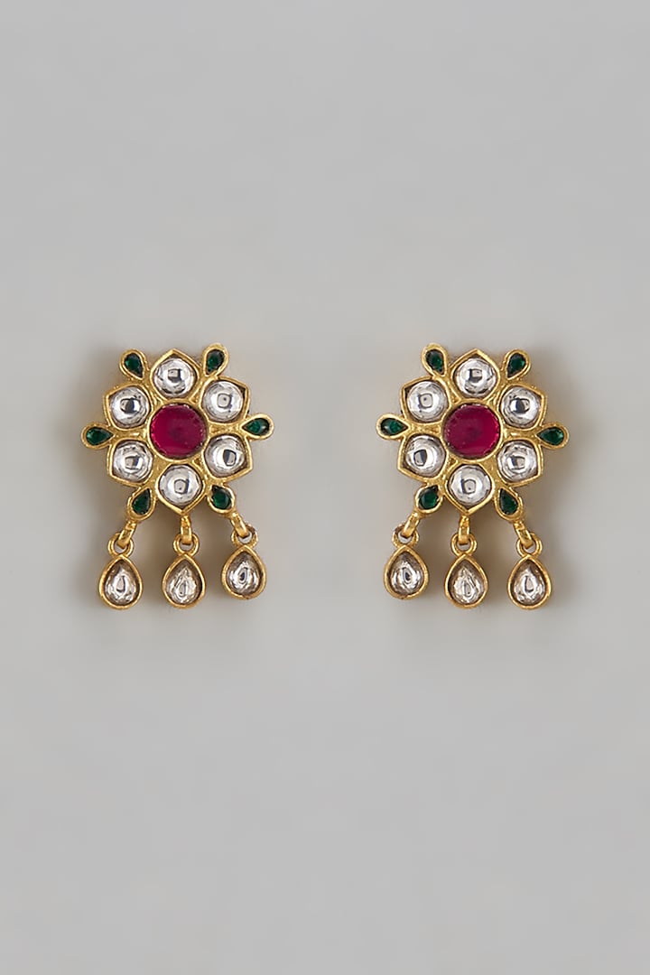 Antique Gold Finish Floral Motif & Kundan Polki Stud Earrings In Sterling Silver by Nuvi Jewels