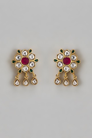 Antique Gold Finish Floral Motif & Kundan Polki Stud Earrings In Sterling Silver by Nuvi Jewels