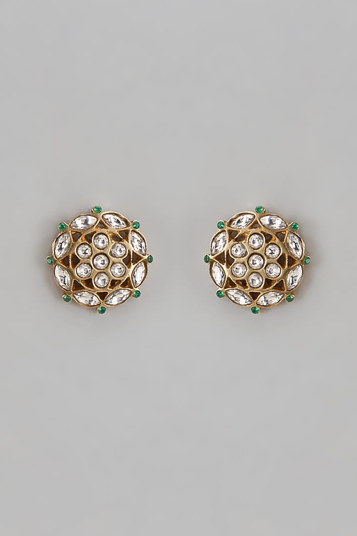 Antique Gold Finish Kundan Polki & Green Stone Stud Earrings In Sterling Silver by Nuvi Jewels
