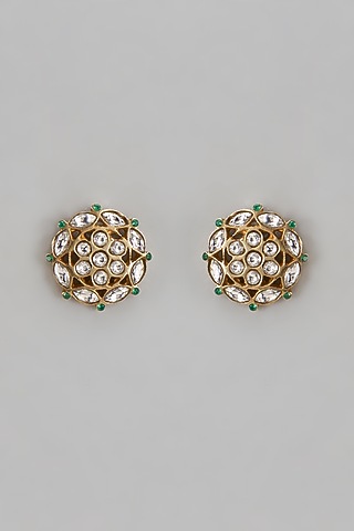 Antique Gold Finish Kundan Polki & Green Stone Stud Earrings In Sterling Silver by Nuvi Jewels