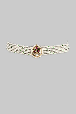 Gold Finish Kundan Polki & Seed Pearl Choker Necklace In Sterling Silver by Nuvi Jewels